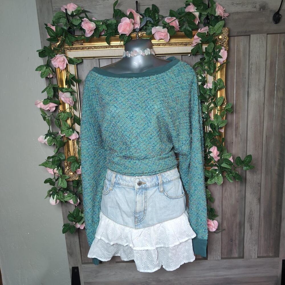 Y2k umgee teal textured off shoulder sweater